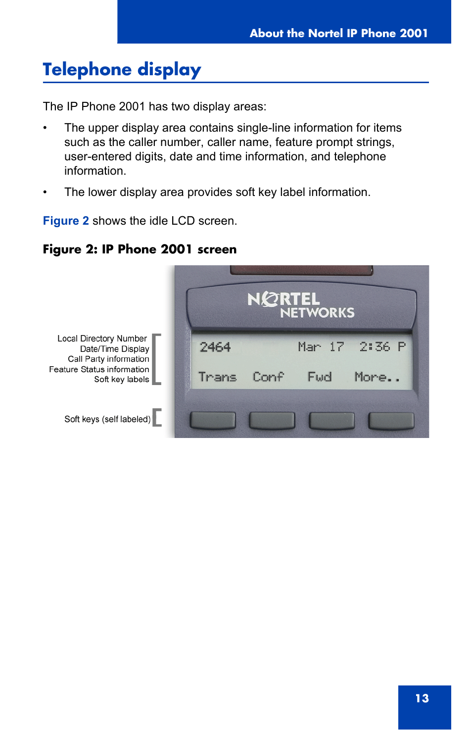 Telephone display | Panasonic 2001 User Manual | Page 13 / 86