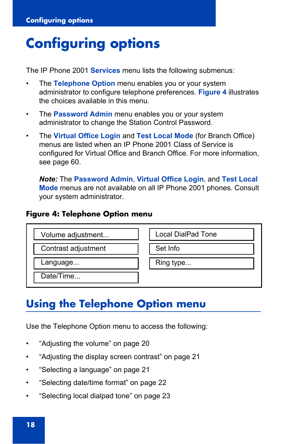 Configuring options, Using the telephone option menu | Panasonic 2001 User Manual | Page 18 / 86