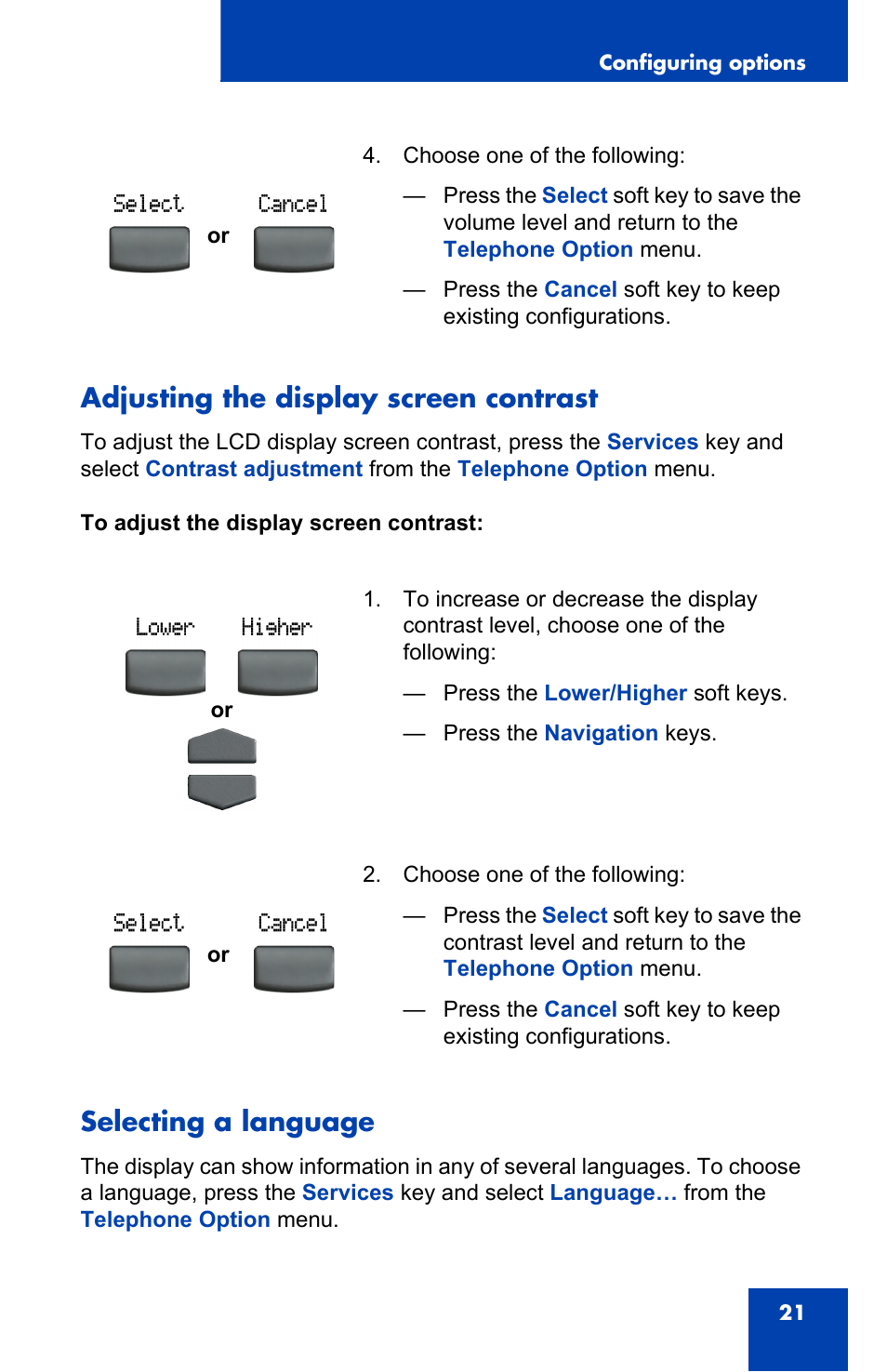 Adjusting the display screen contrast, Selecting a language | Panasonic 2001 User Manual | Page 21 / 86