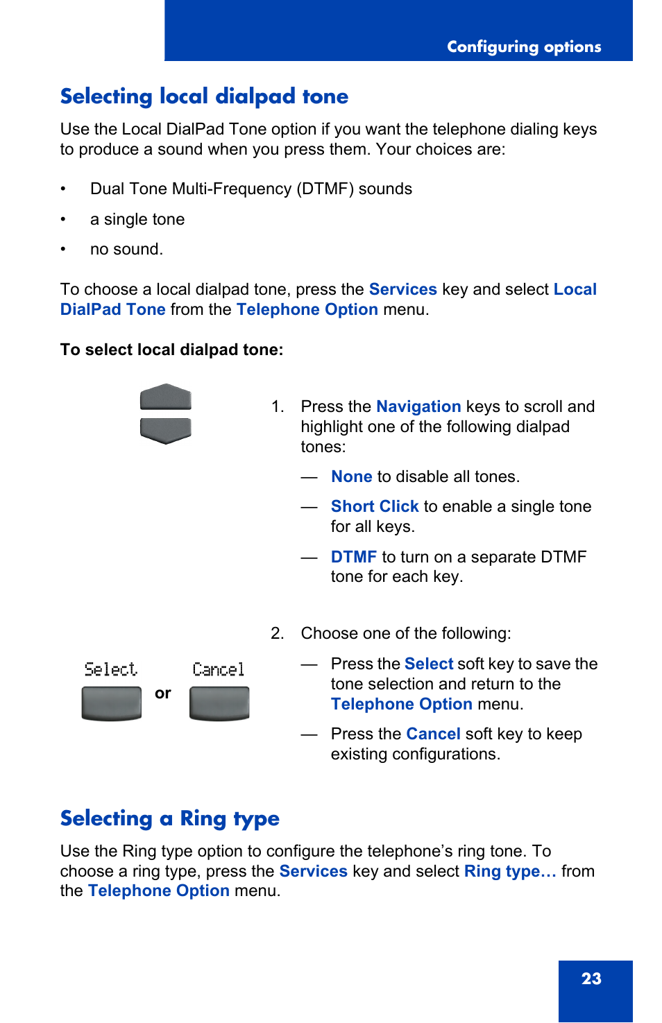 Selecting local dialpad tone, Selecting a ring type | Panasonic 2001 User Manual | Page 23 / 86