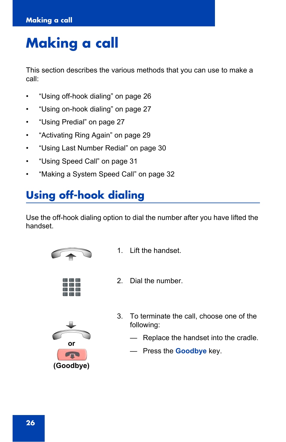 Making a call, Using off-hook dialing | Panasonic 2001 User Manual | Page 26 / 86