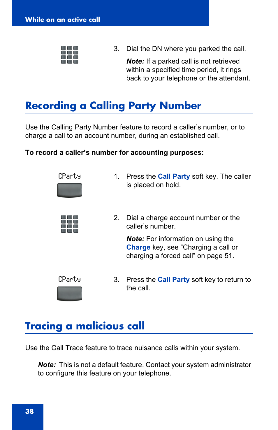 Recording a calling party number, Tracing a malicious call | Panasonic 2001 User Manual | Page 38 / 86