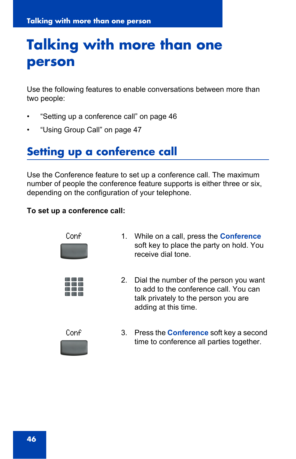 Talking with more than one person, Setting up a conference call | Panasonic 2001 User Manual | Page 46 / 86