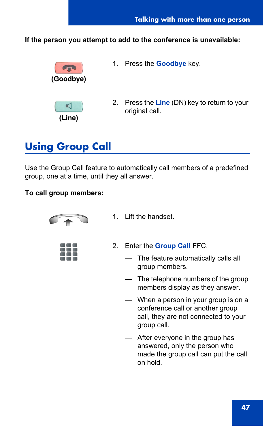 Using group call | Panasonic 2001 User Manual | Page 47 / 86