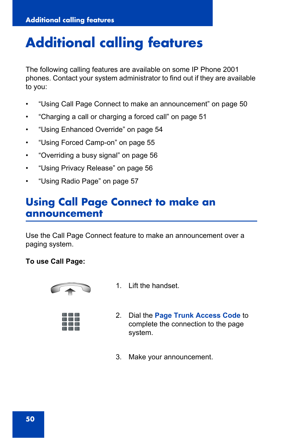 Additional calling features, Using call page connect to make an announcement | Panasonic 2001 User Manual | Page 50 / 86