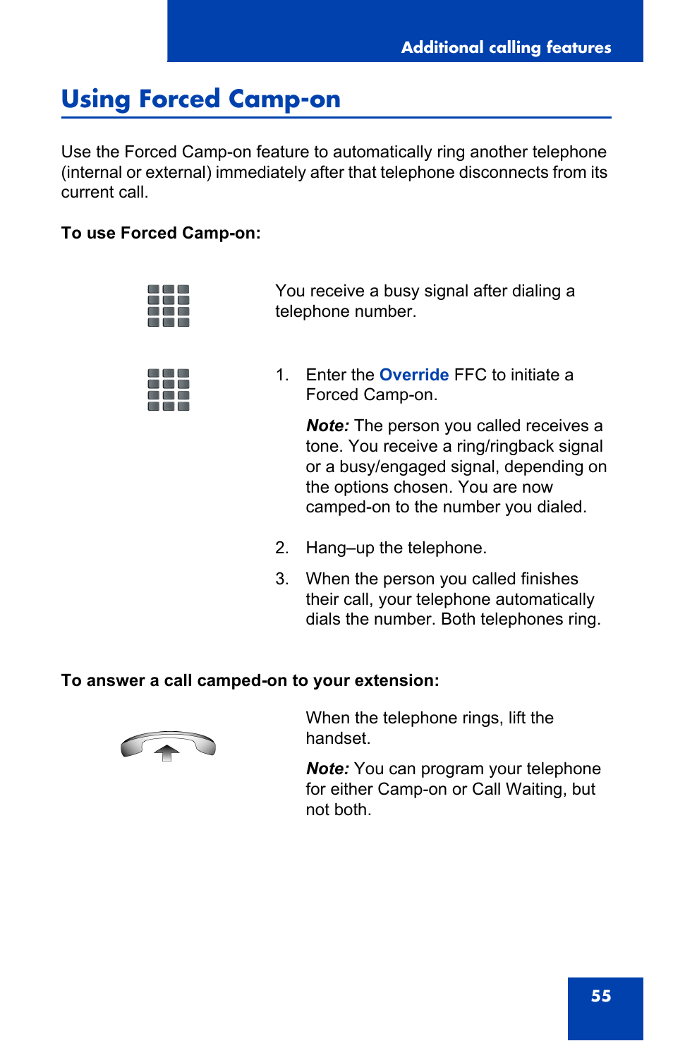 Using forced camp-on | Panasonic 2001 User Manual | Page 55 / 86