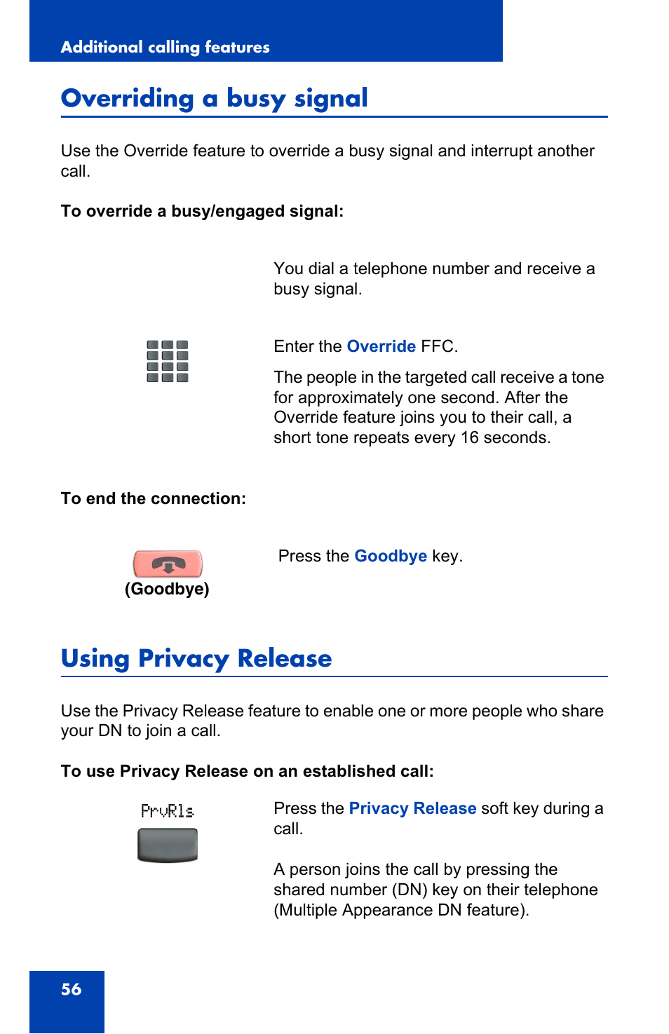 Overriding a busy signal, Using privacy release | Panasonic 2001 User Manual | Page 56 / 86