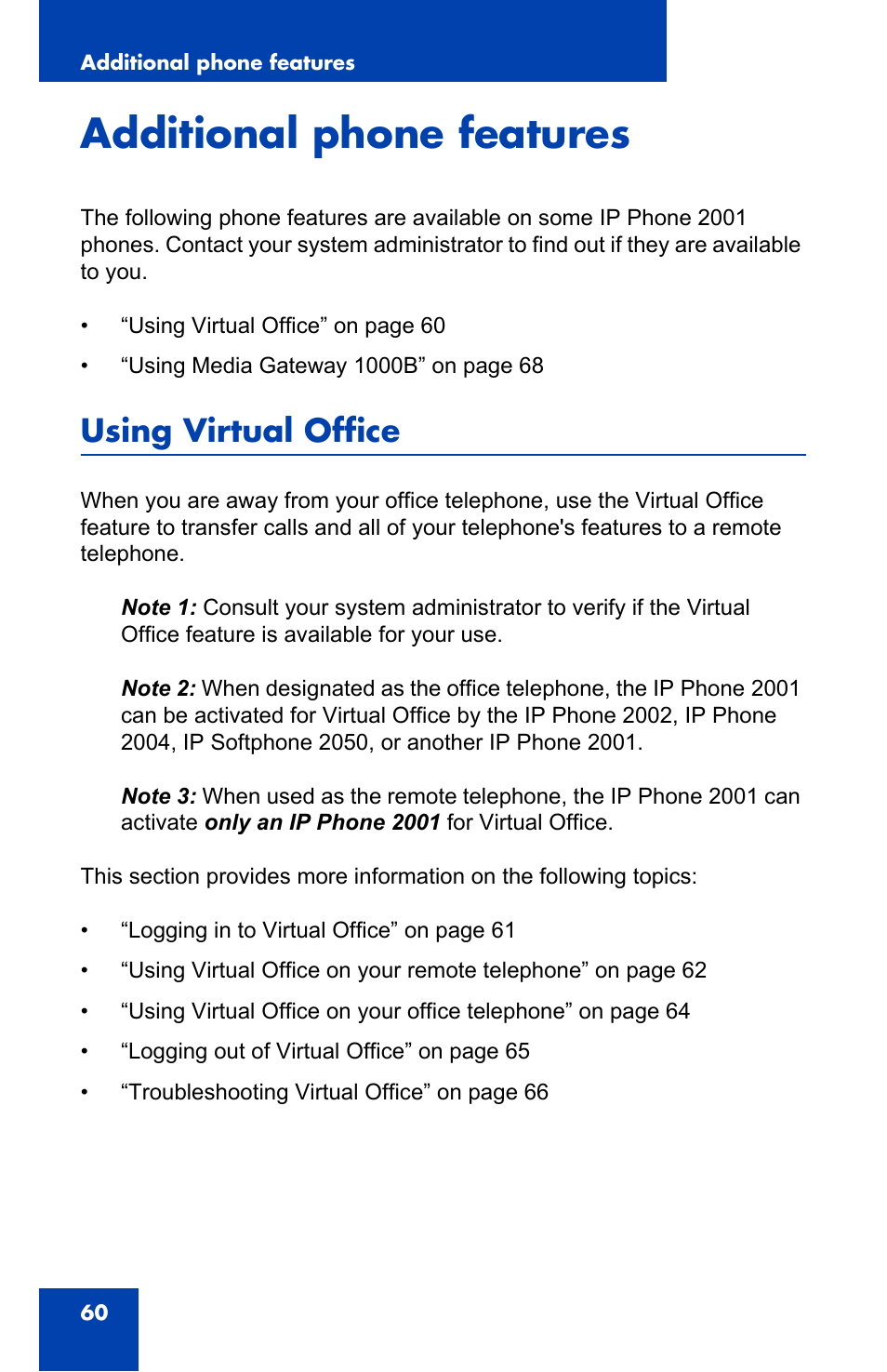 Additional phone features, Using virtual office | Panasonic 2001 User Manual | Page 60 / 86