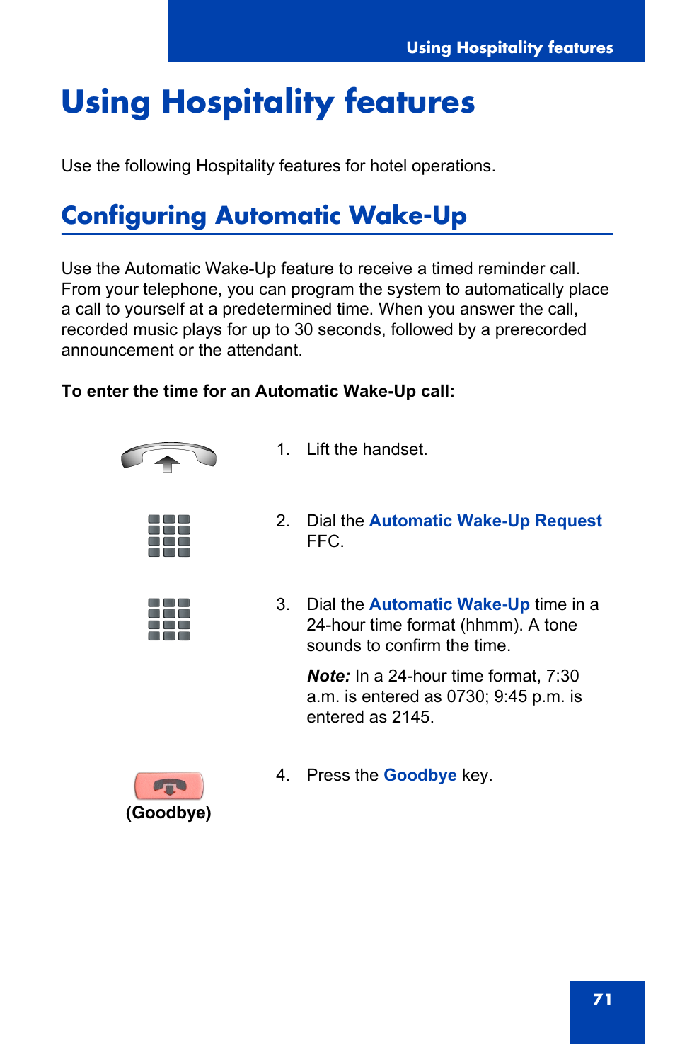 Using hospitality features, Configuring automatic wake-up | Panasonic 2001 User Manual | Page 71 / 86