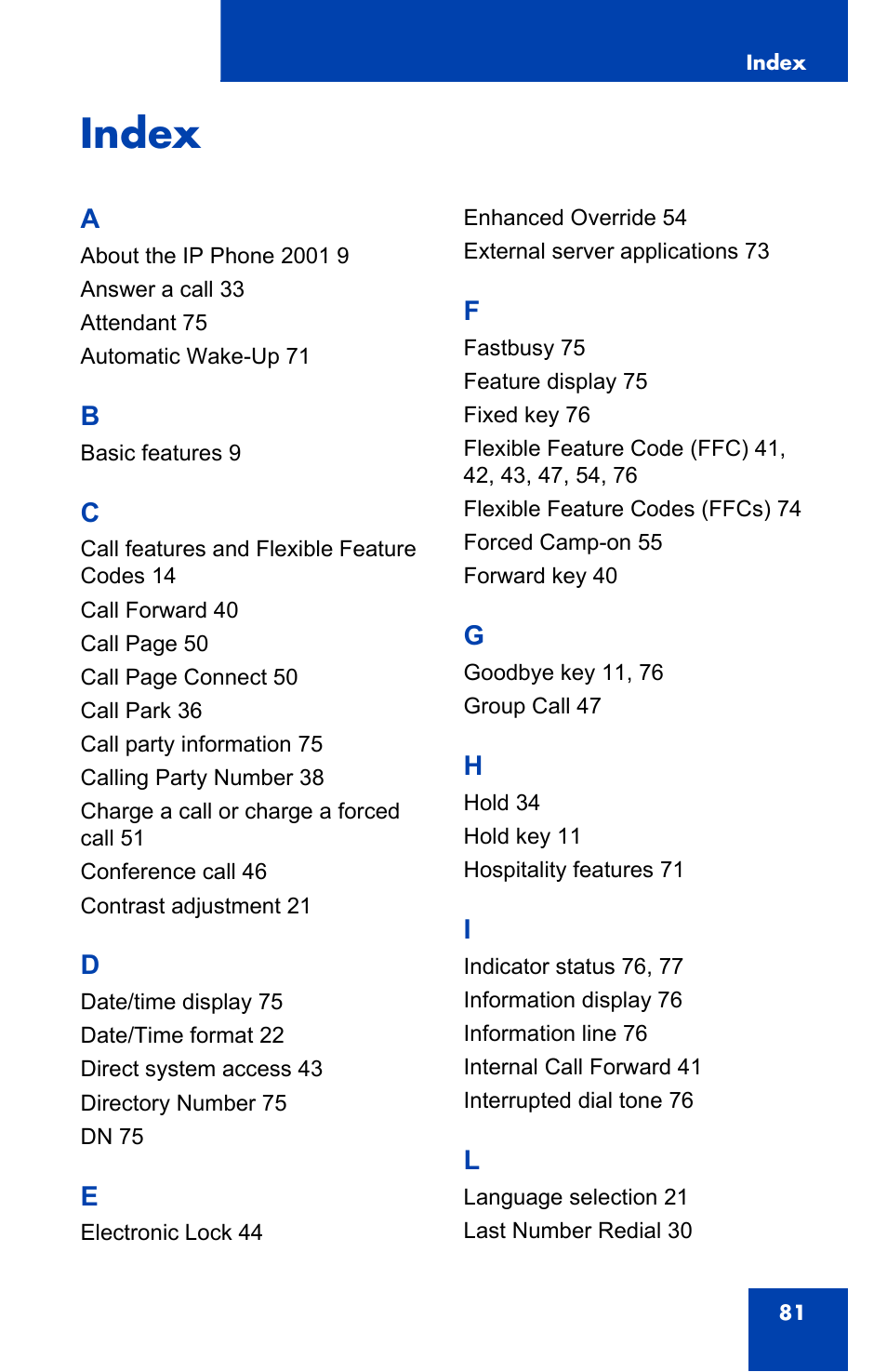 Index | Panasonic 2001 User Manual | Page 81 / 86