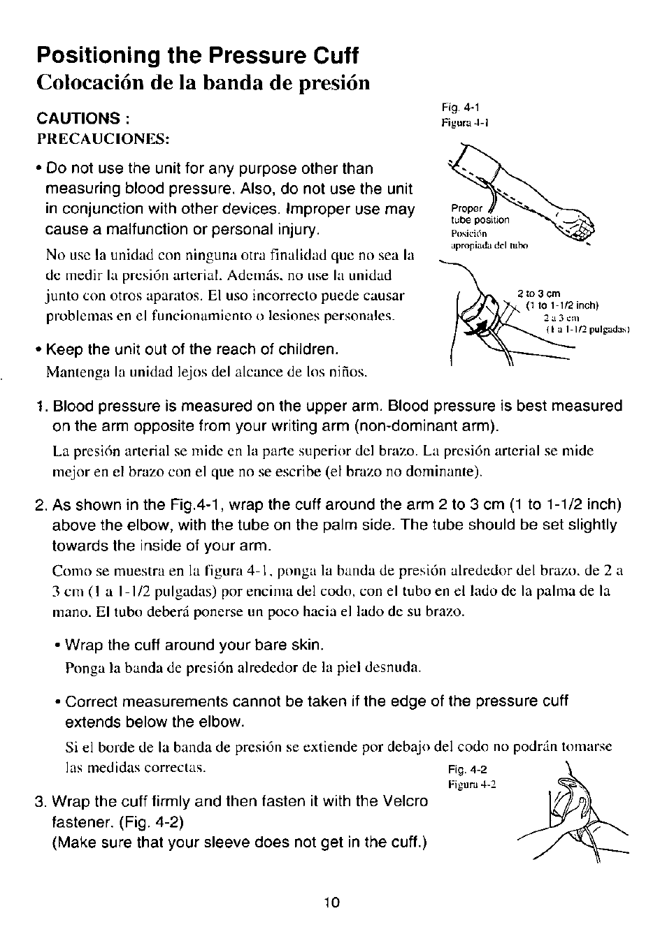 Positioning the pressure cuff, Colocación de la banda de presión, Cautions | Panasonic EW243 User Manual | Page 11 / 24