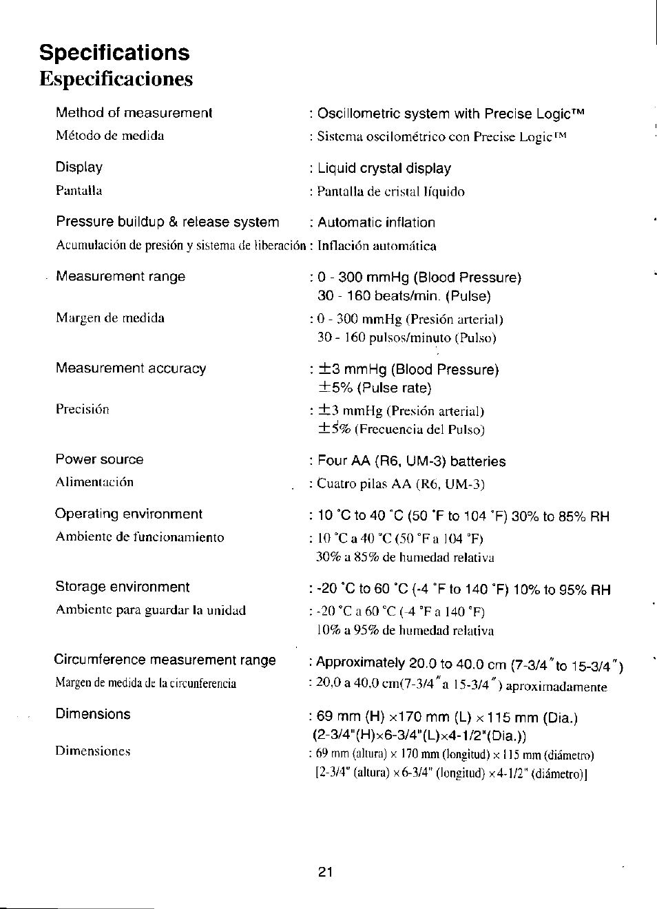 Specifications, Especificaciones | Panasonic EW243 User Manual | Page 22 / 24