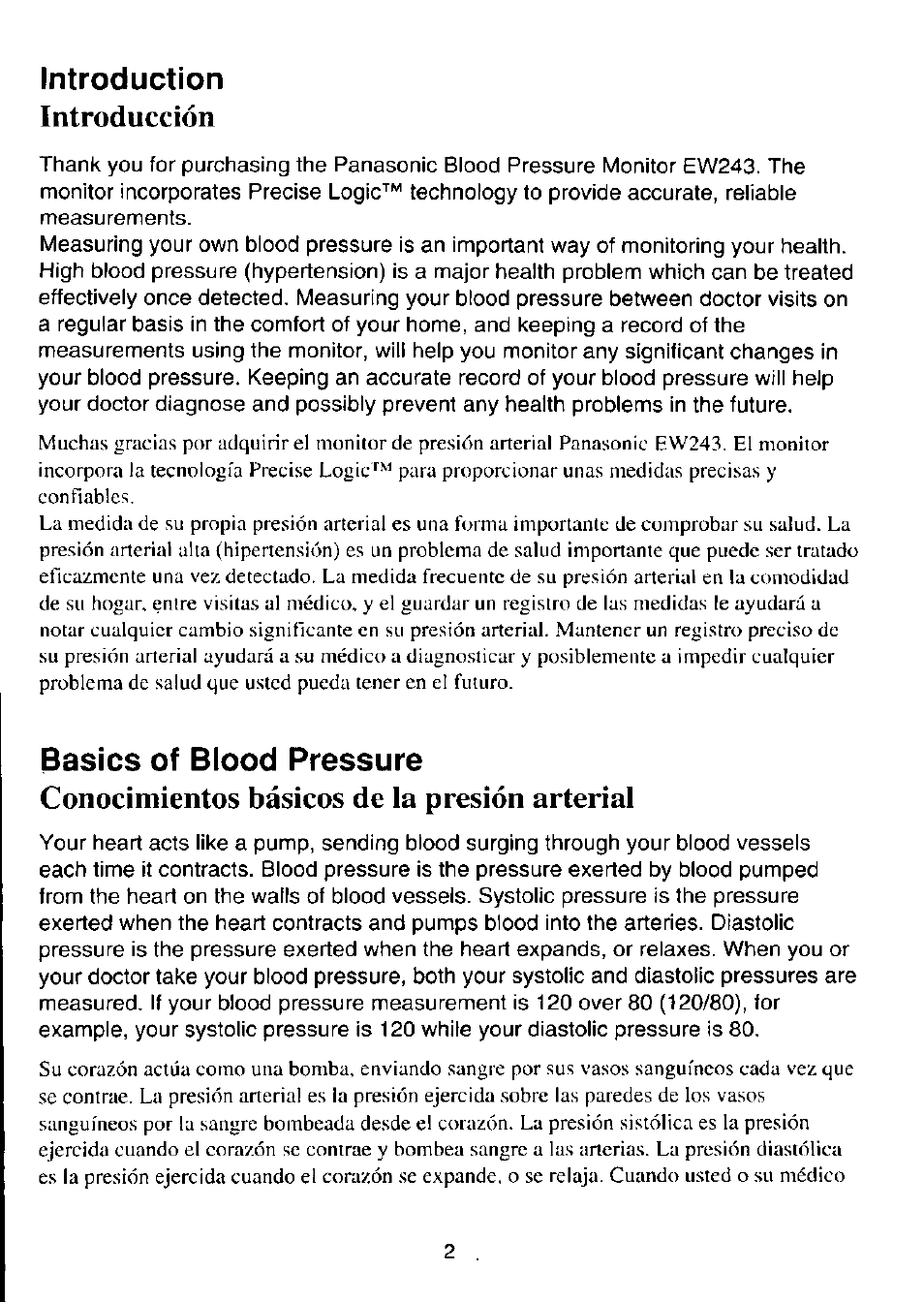 Introduction, Introducción, Basics of blood pressure | Conocimientos básicos de la presión arterial | Panasonic EW243 User Manual | Page 3 / 24