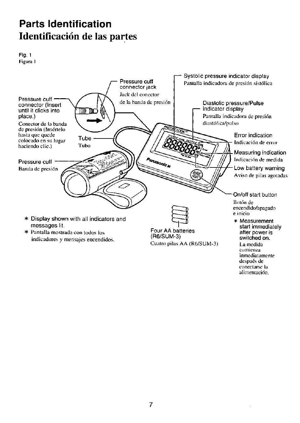 Parts identification, Identifícación de las partes | Panasonic EW243 User Manual | Page 8 / 24