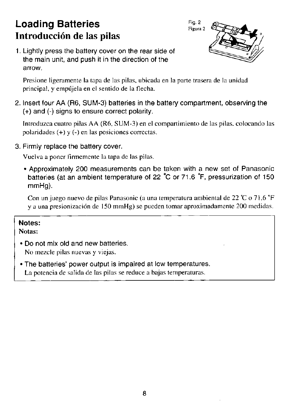 Loading batteries, Introducción de las pilas | Panasonic EW243 User Manual | Page 9 / 24