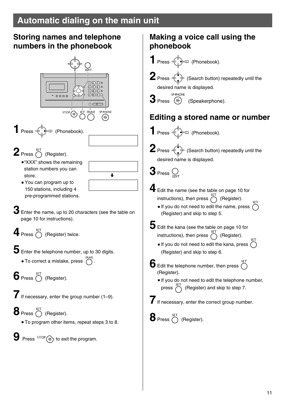 Automatic dialing on the main unit, Editing a stored name or number | Panasonic KX-PW100CL User Manual | Page 11 / 24