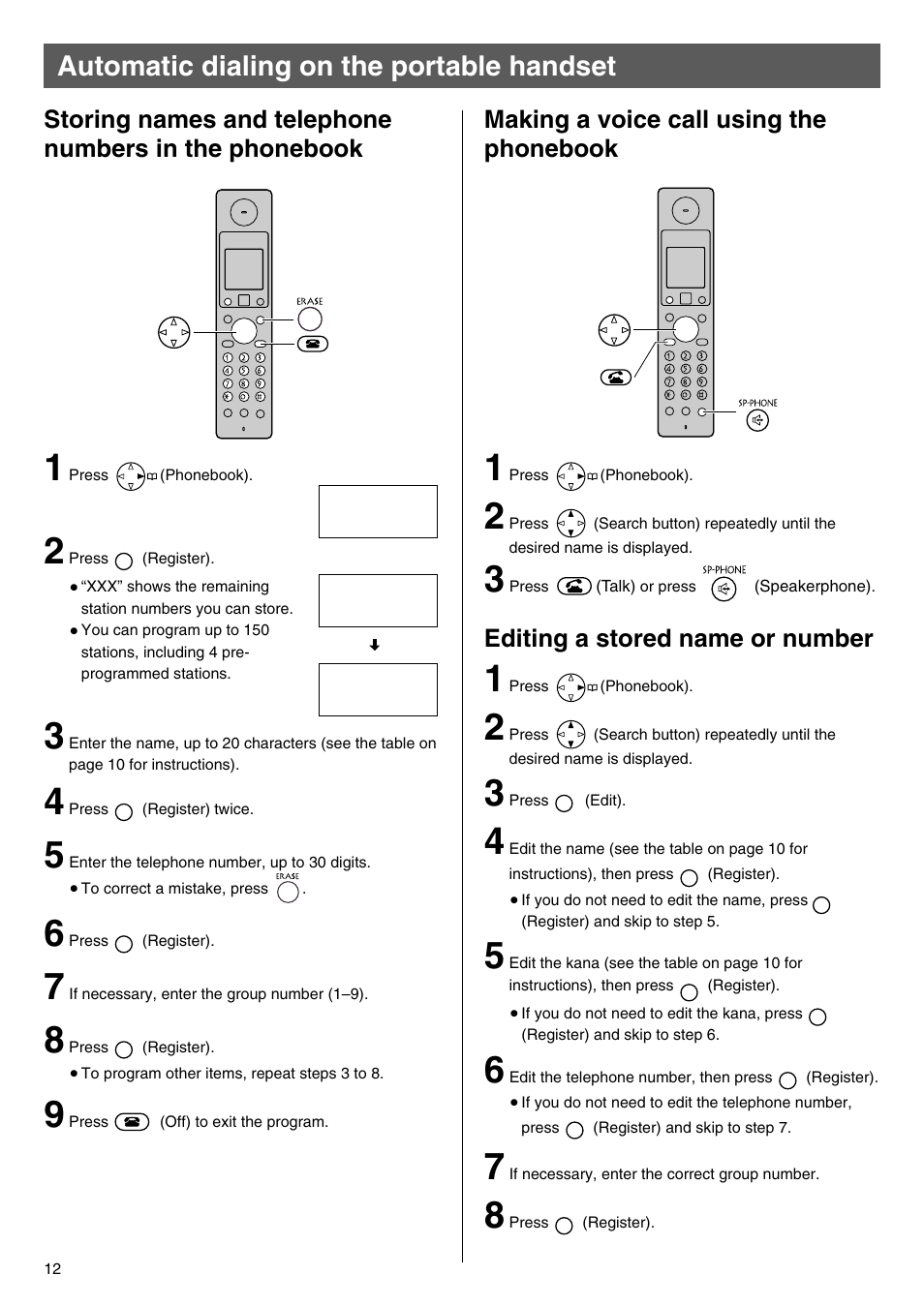 Automatic dialing on the portable handset, Editing a stored name or number | Panasonic KX-PW100CL User Manual | Page 12 / 24