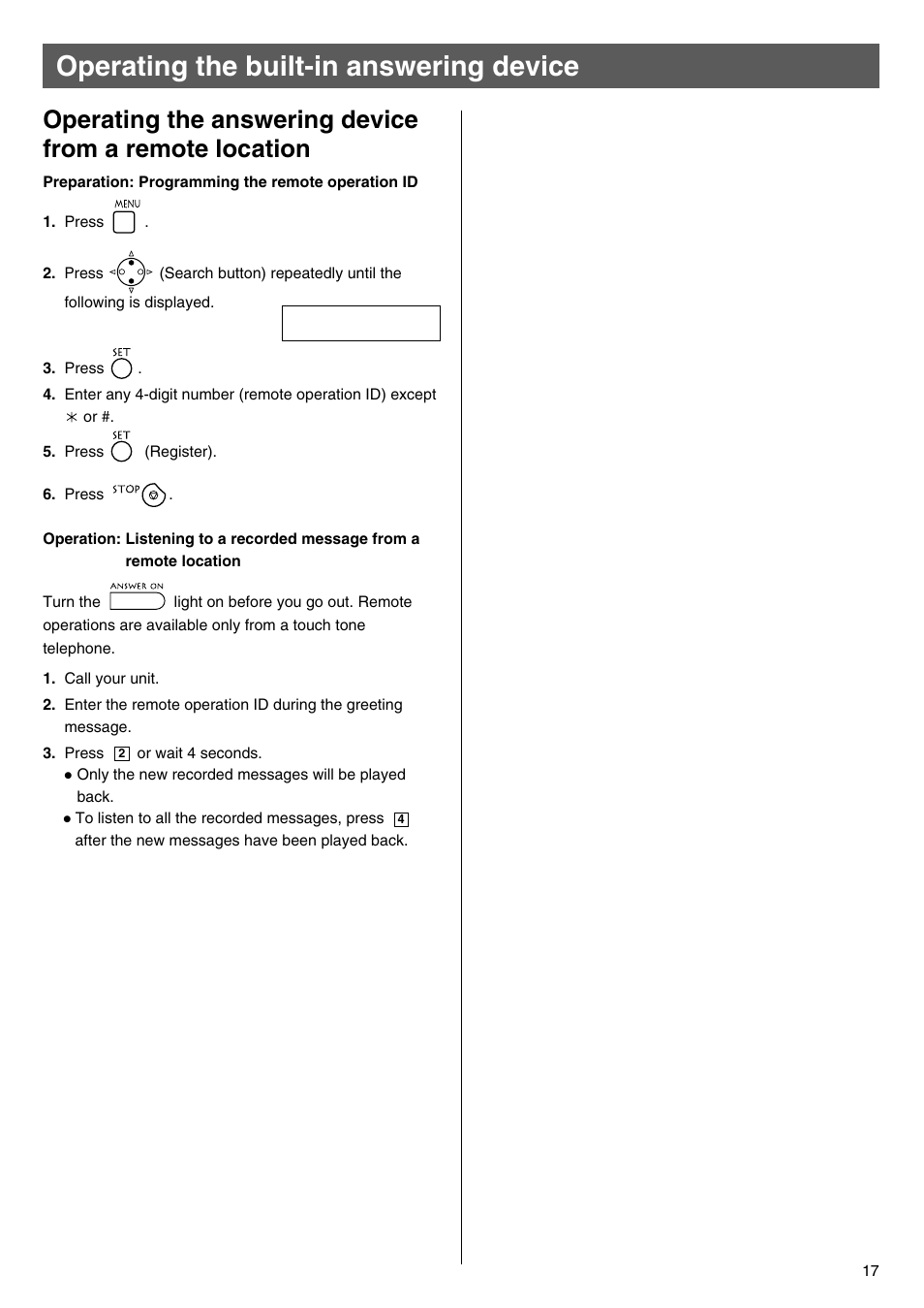 Operating the built-in answering device | Panasonic KX-PW100CL User Manual | Page 17 / 24