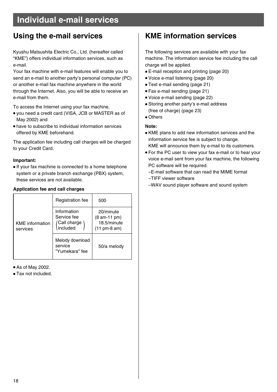 Individual e-mail services, Using the e-mail services, Kme information services | Panasonic KX-PW100CL User Manual | Page 18 / 24