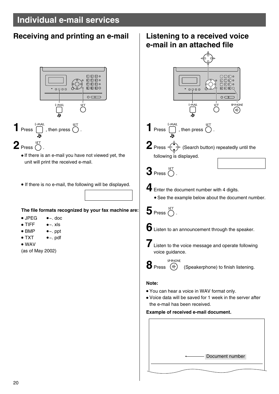 Individual e-mail services, Receiving and printing an e-mail | Panasonic KX-PW100CL User Manual | Page 20 / 24