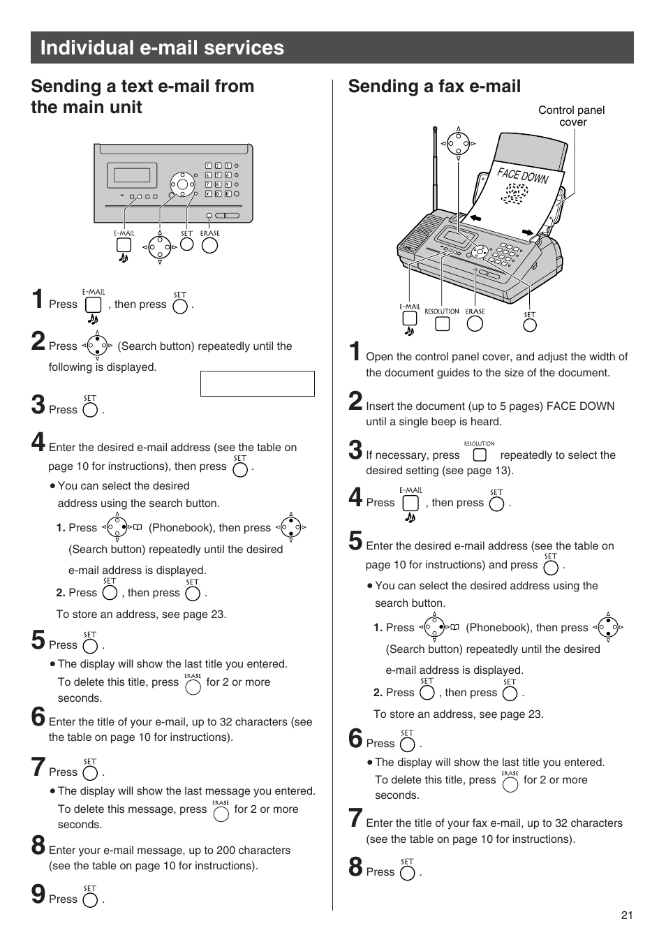 Individual e-mail services, Sending a text e-mail from the main unit, Sending a fax e-mail | Panasonic KX-PW100CL User Manual | Page 21 / 24