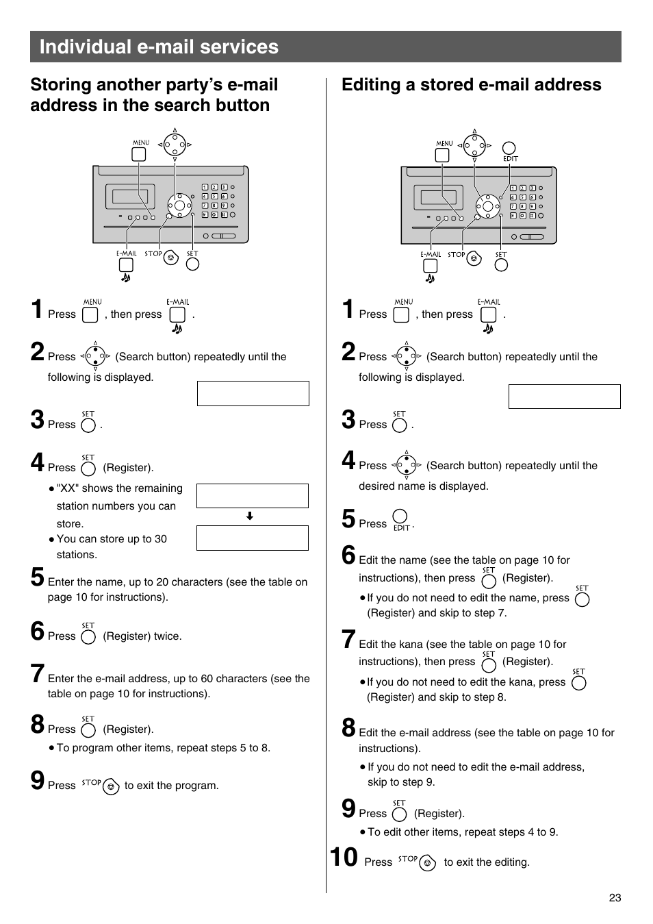 Individual e-mail services, Editing a stored e-mail address | Panasonic KX-PW100CL User Manual | Page 23 / 24