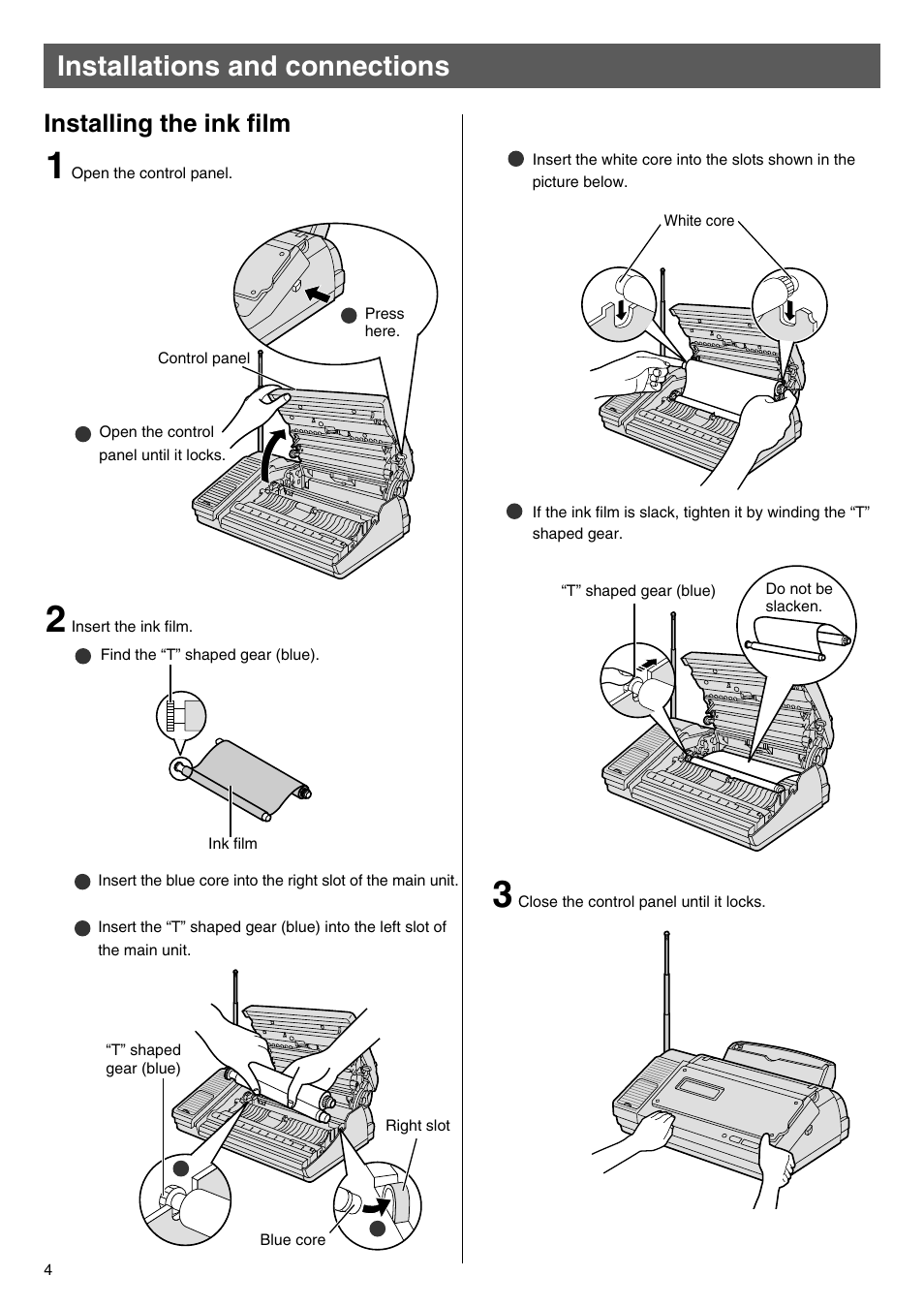 Installations and connections, Installing the ink film | Panasonic KX-PW100CL User Manual | Page 4 / 24