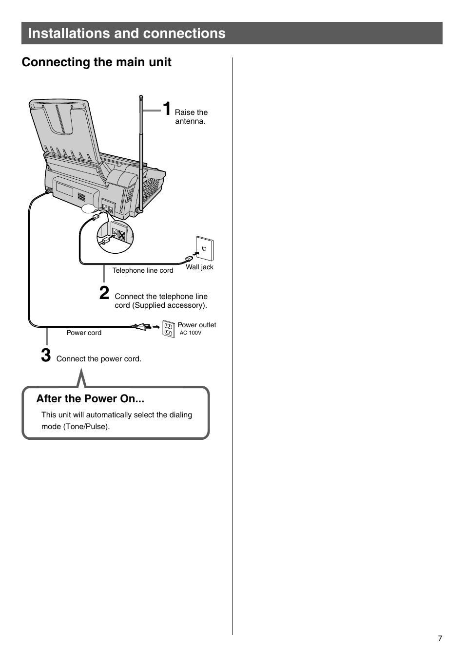 Installations and connections, Connecting the main unit | Panasonic KX-PW100CL User Manual | Page 7 / 24