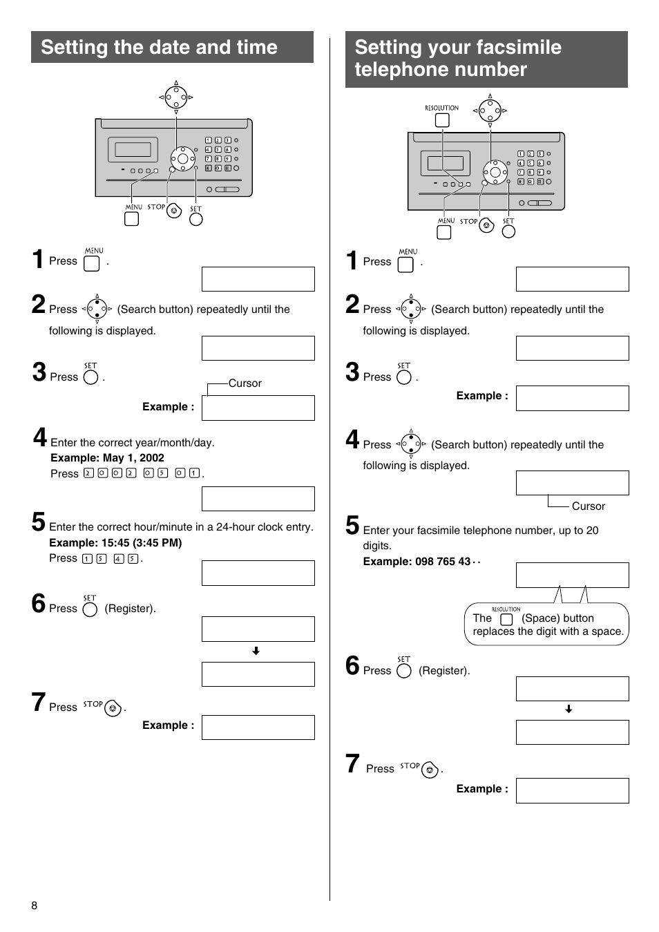 Setting the date and time, Setting your facsimile telephone number | Panasonic KX-PW100CL User Manual | Page 8 / 24