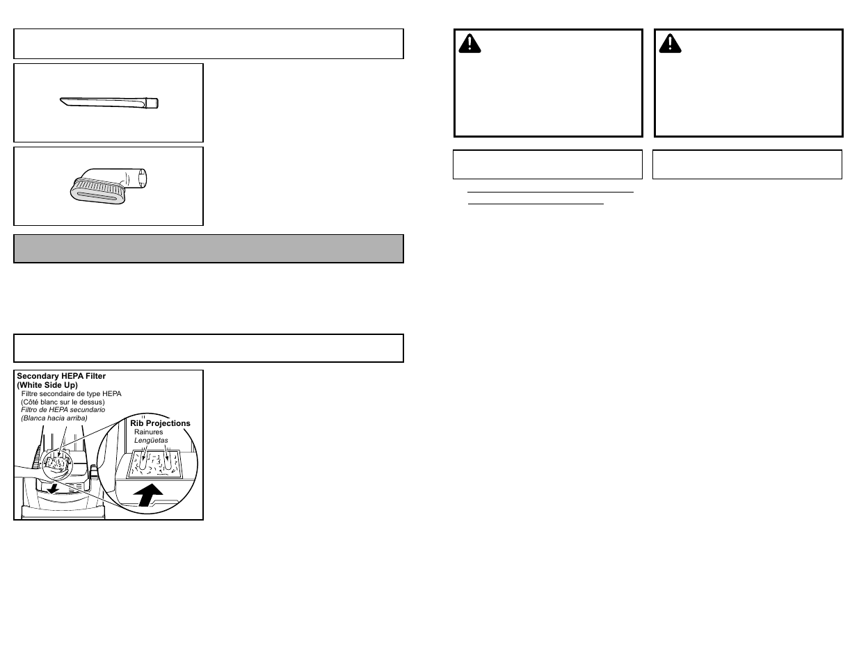 Tool usage, Routine care of vacuum cleaner, Replacing secondary hepa filter | Advertencia, Avertissement | Panasonic MC-V5271 User Manual | Page 22 / 48