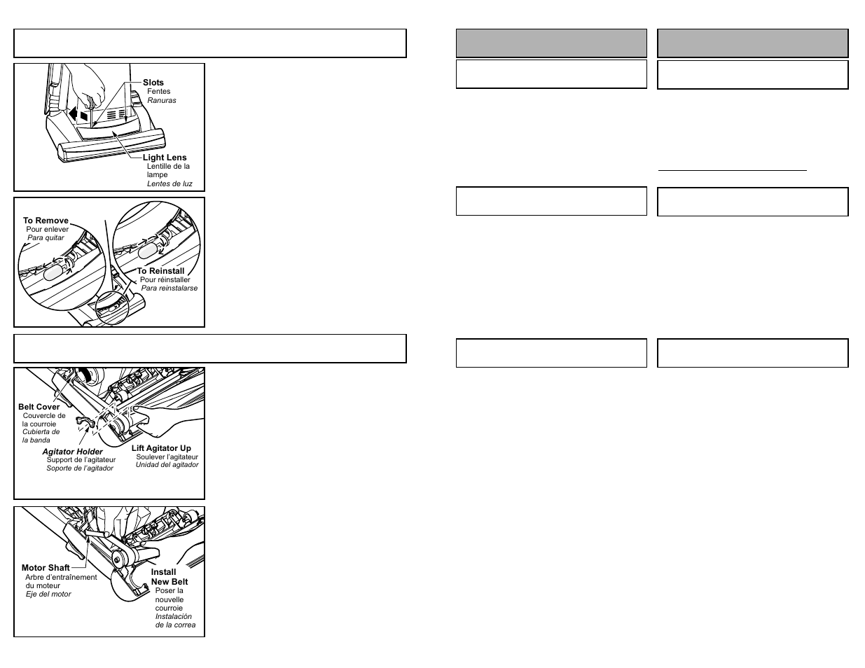 Replacing headlight bulb, Replacing belt, Para operar la aspiradora fonctionnement | Panasonic MC-V5271 User Manual | Page 28 / 48
