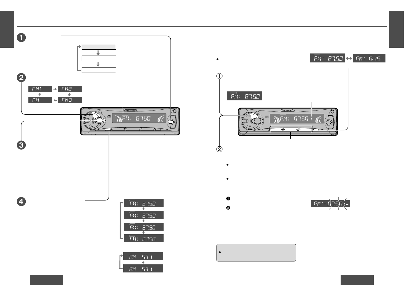 Radio basics, Band, Manual tuning | Mono/local selection, Radio mode, Seek tuning, Preset station setting, Display change | Panasonic CQDF202 User Manual | Page 2 / 10