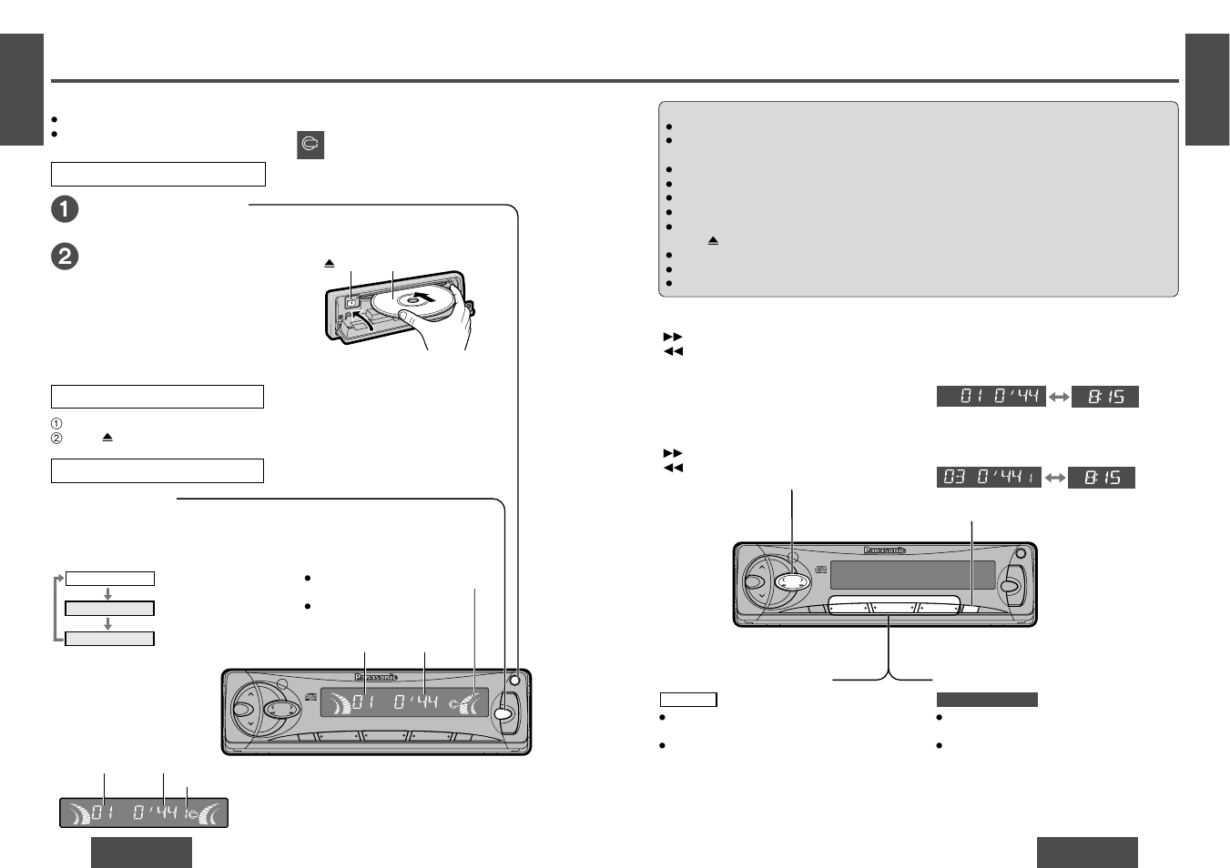 Cd player and cd changer control, Track selection, Track search | Display change, Mode selection, Direct track selection, Direct disc selection, Listening to a cd, Disc insert and playback stop and disc eject, Open the front panel | Panasonic CQDF202 User Manual | Page 3 / 10