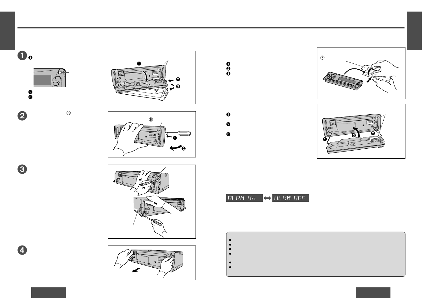 Installation guide, Anti-theft system, Remove the unit | Panel removal alarm, Install removable face plate, Place the removable face plate into case | Panasonic CQDF202 User Manual | Page 9 / 10