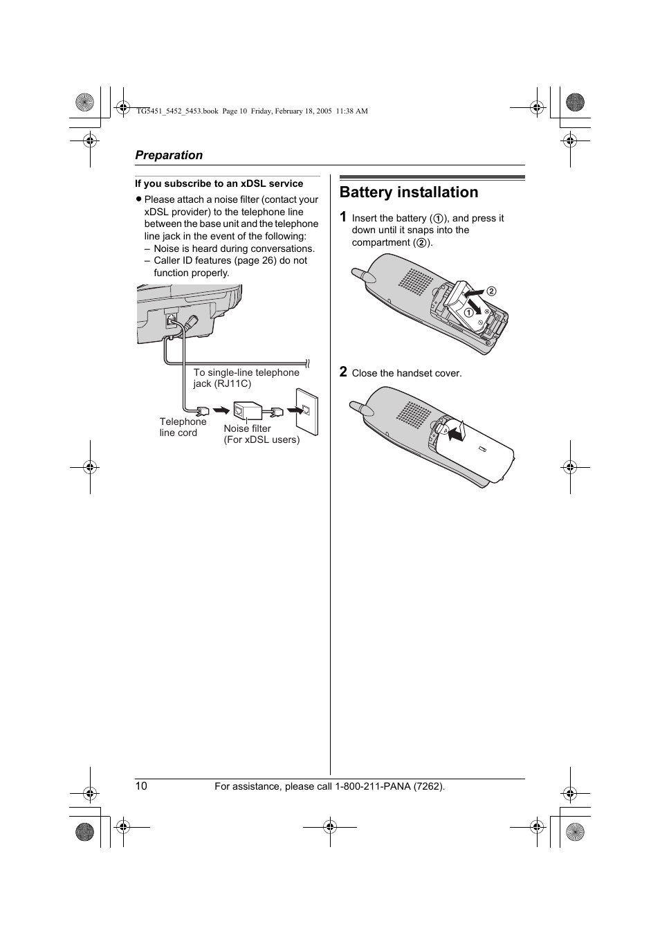 Battery installation | Panasonic KX-TG5452 User Manual | Page 10 / 76