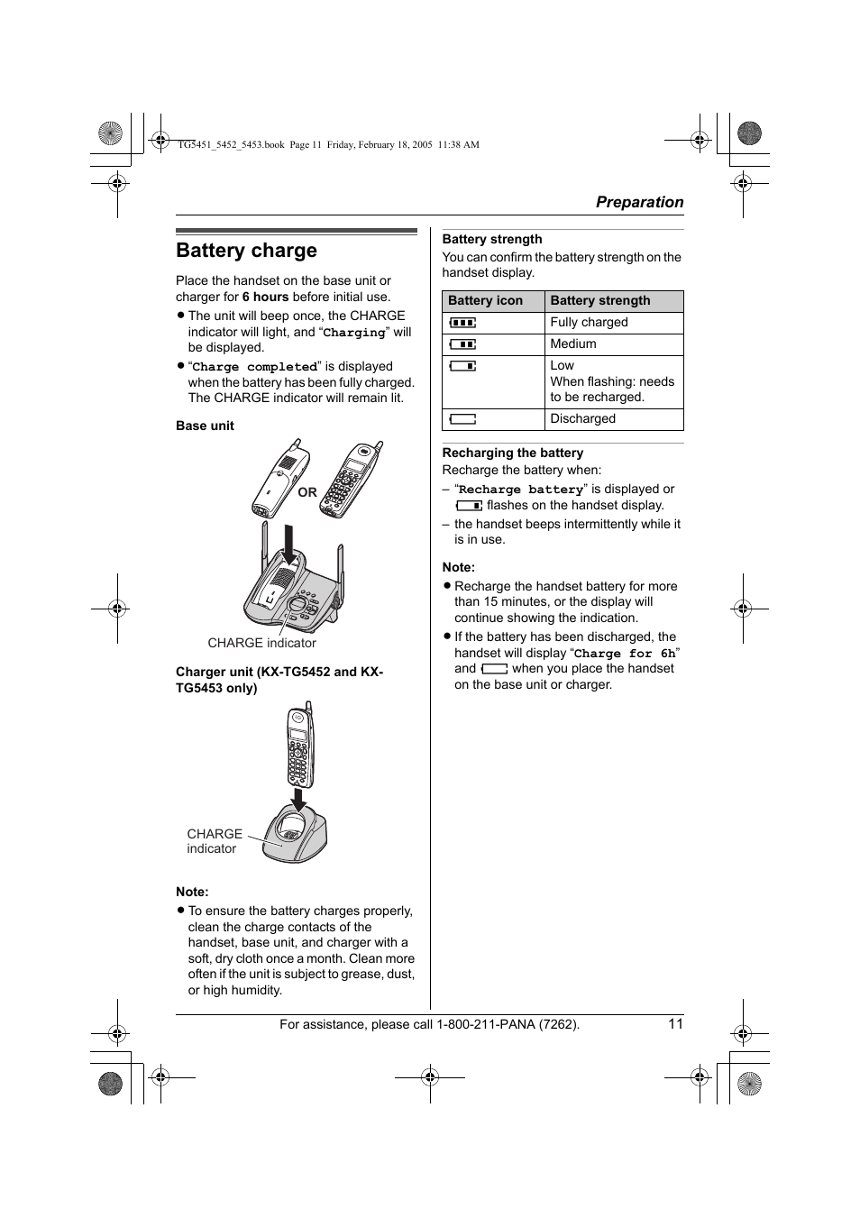 Battery charge | Panasonic KX-TG5452 User Manual | Page 11 / 76