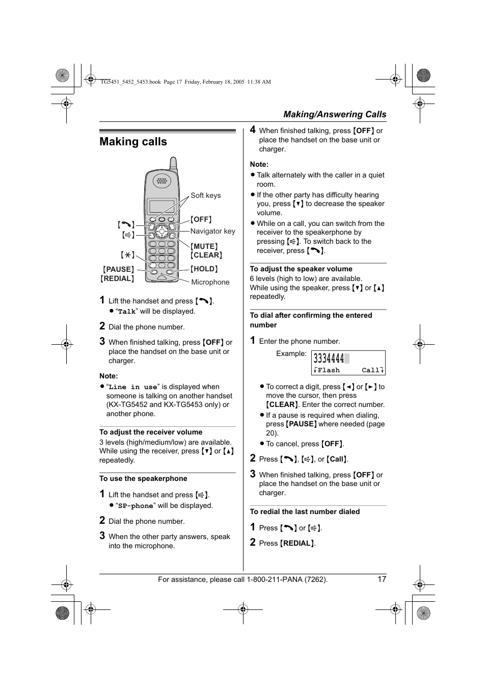 Making / answering calls, Making calls | Panasonic KX-TG5452 User Manual | Page 17 / 76