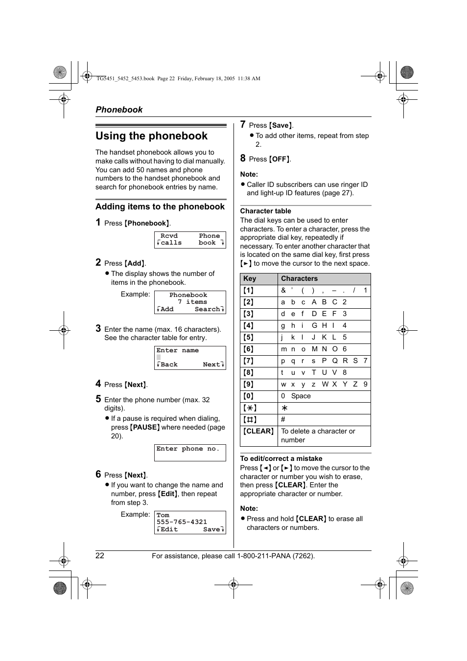 Phonebook, Using the phonebook | Panasonic KX-TG5452 User Manual | Page 22 / 76