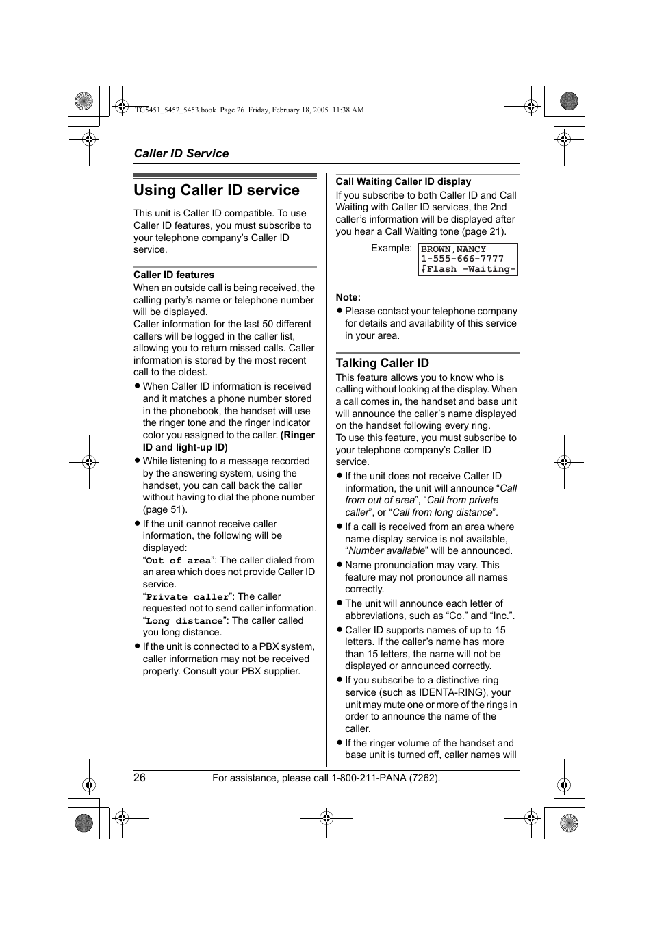 Caller id service, Using caller id service | Panasonic KX-TG5452 User Manual | Page 26 / 76