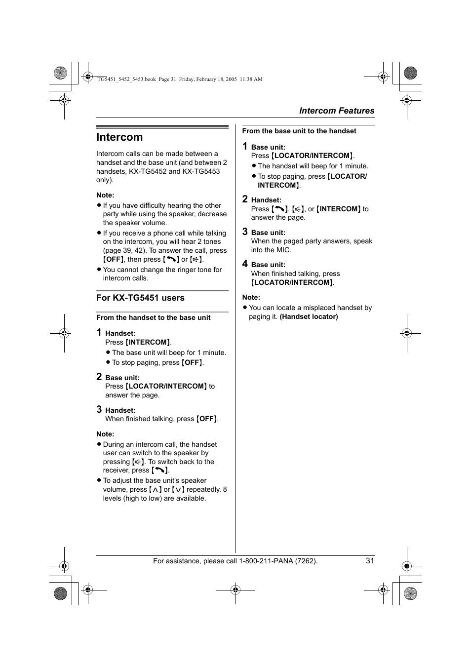 Intercom features, Intercom | Panasonic KX-TG5452 User Manual | Page 31 / 76