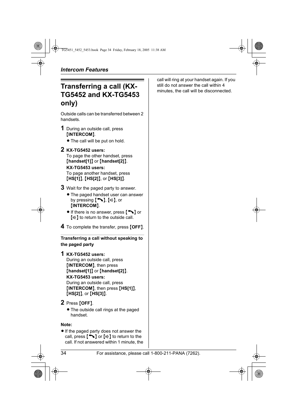 Transferring a call (kx-tg5452 and kx-tg5453 only) | Panasonic KX-TG5452 User Manual | Page 34 / 76