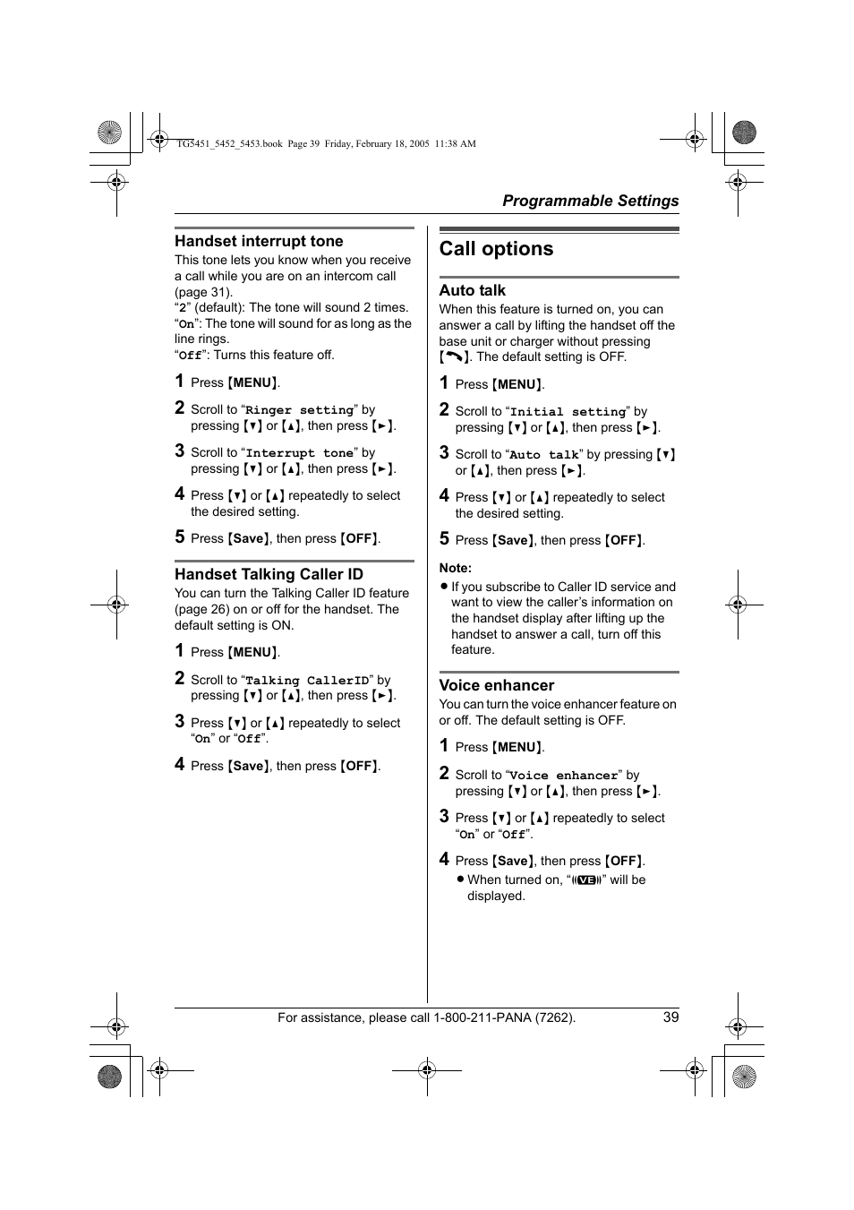 Call options | Panasonic KX-TG5452 User Manual | Page 39 / 76