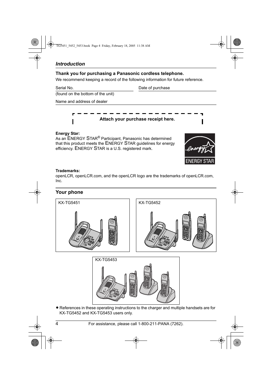 Introduction, Your phone | Panasonic KX-TG5452 User Manual | Page 4 / 76