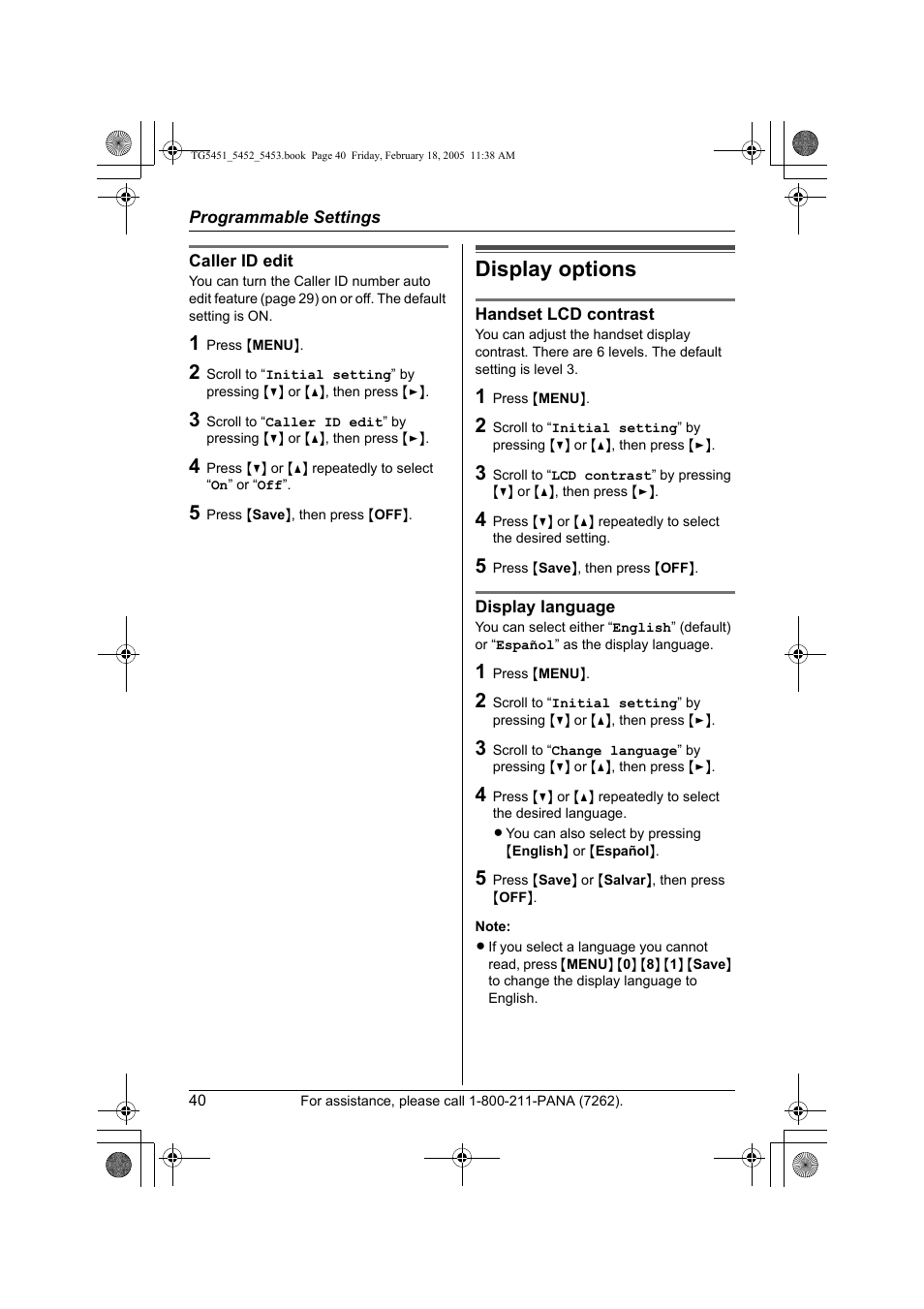 Display options | Panasonic KX-TG5452 User Manual | Page 40 / 76