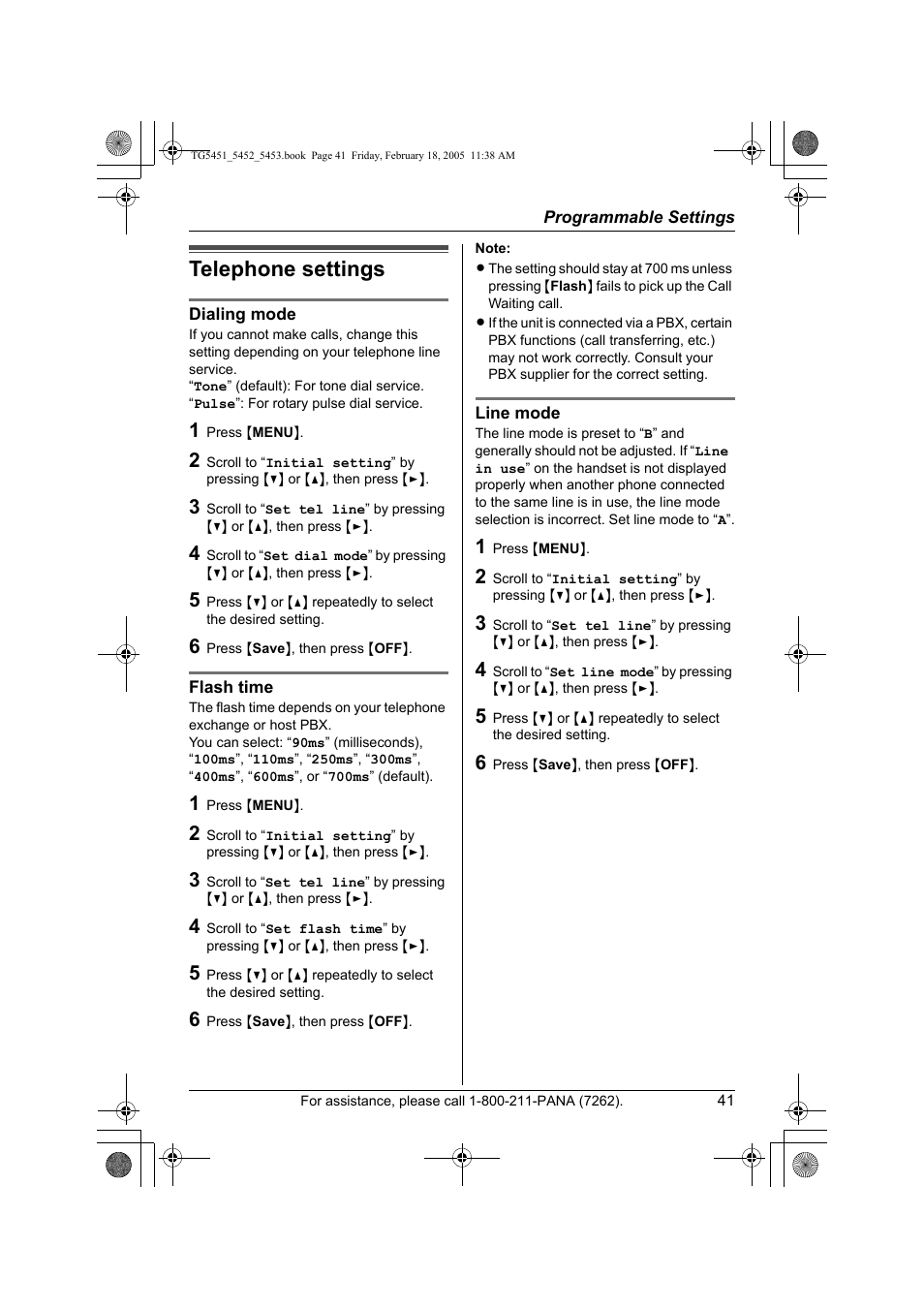 Telephone settings | Panasonic KX-TG5452 User Manual | Page 41 / 76