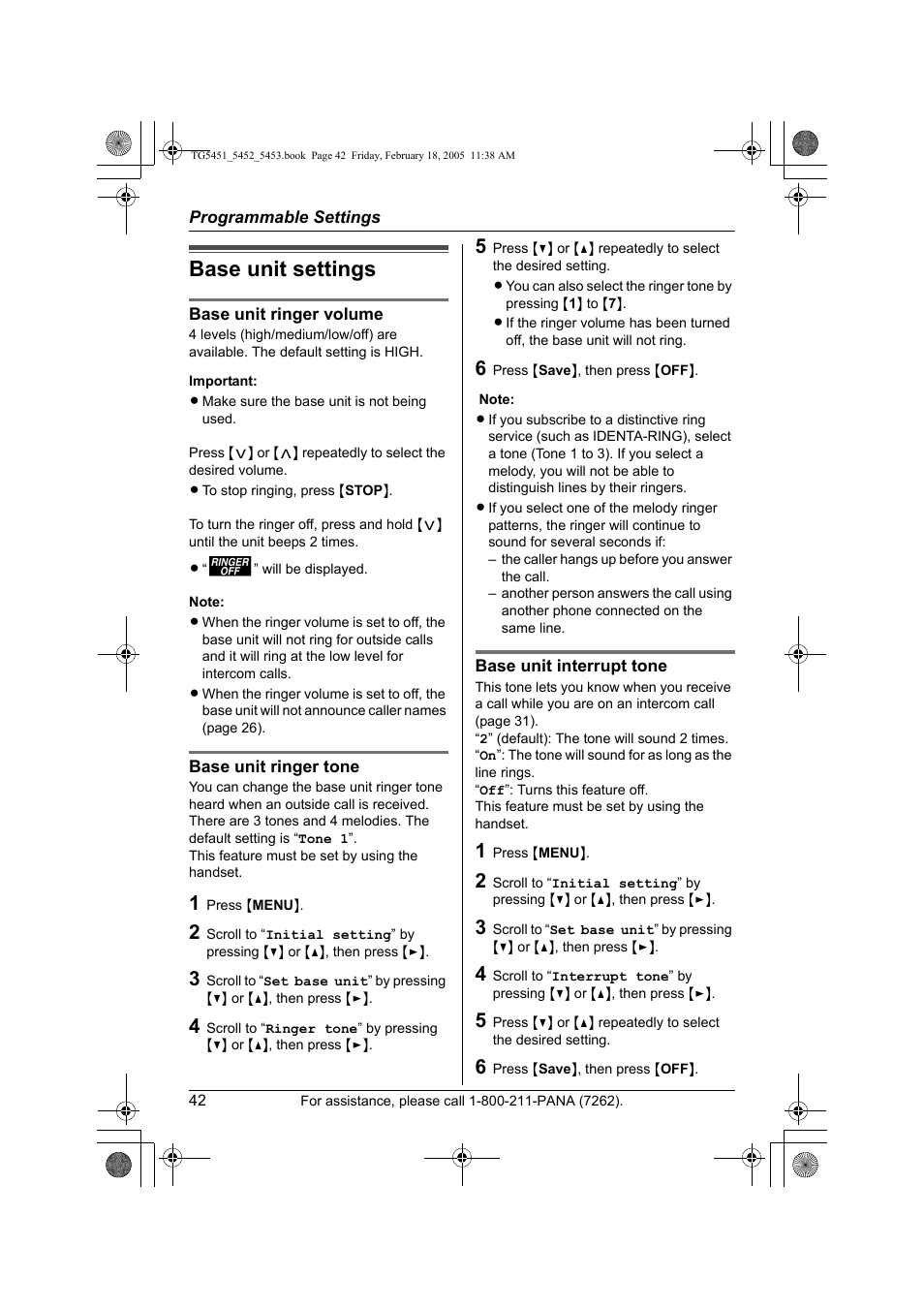 Base uint settings, Base unit settings | Panasonic KX-TG5452 User Manual | Page 42 / 76