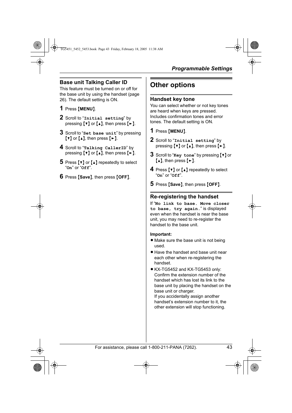 Other options | Panasonic KX-TG5452 User Manual | Page 43 / 76