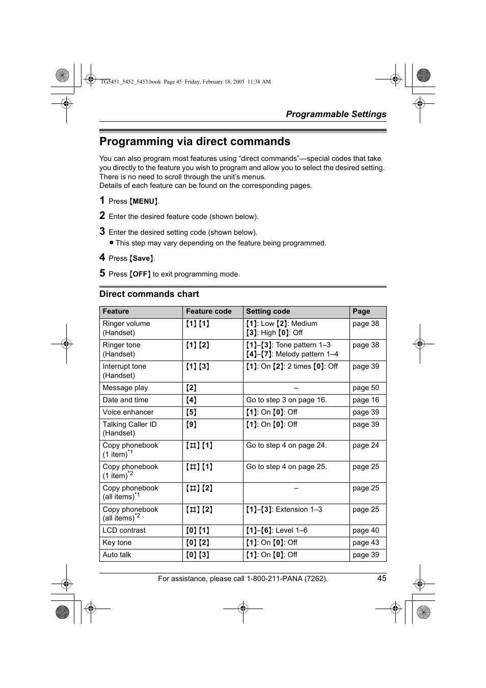 Programming via direct commands | Panasonic KX-TG5452 User Manual | Page 45 / 76