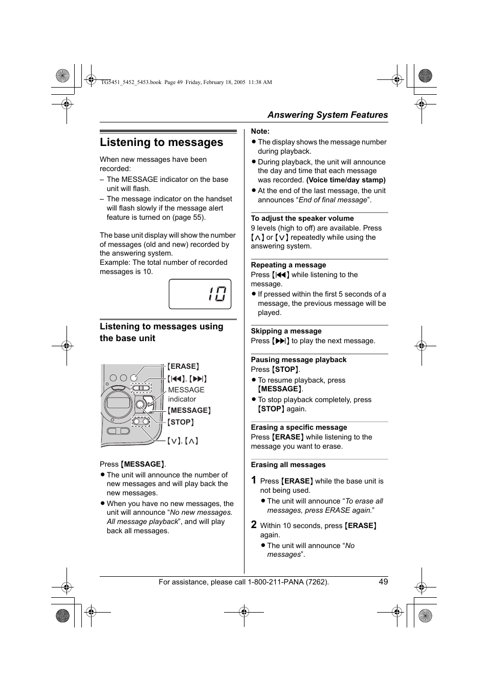 Listening to messages | Panasonic KX-TG5452 User Manual | Page 49 / 76