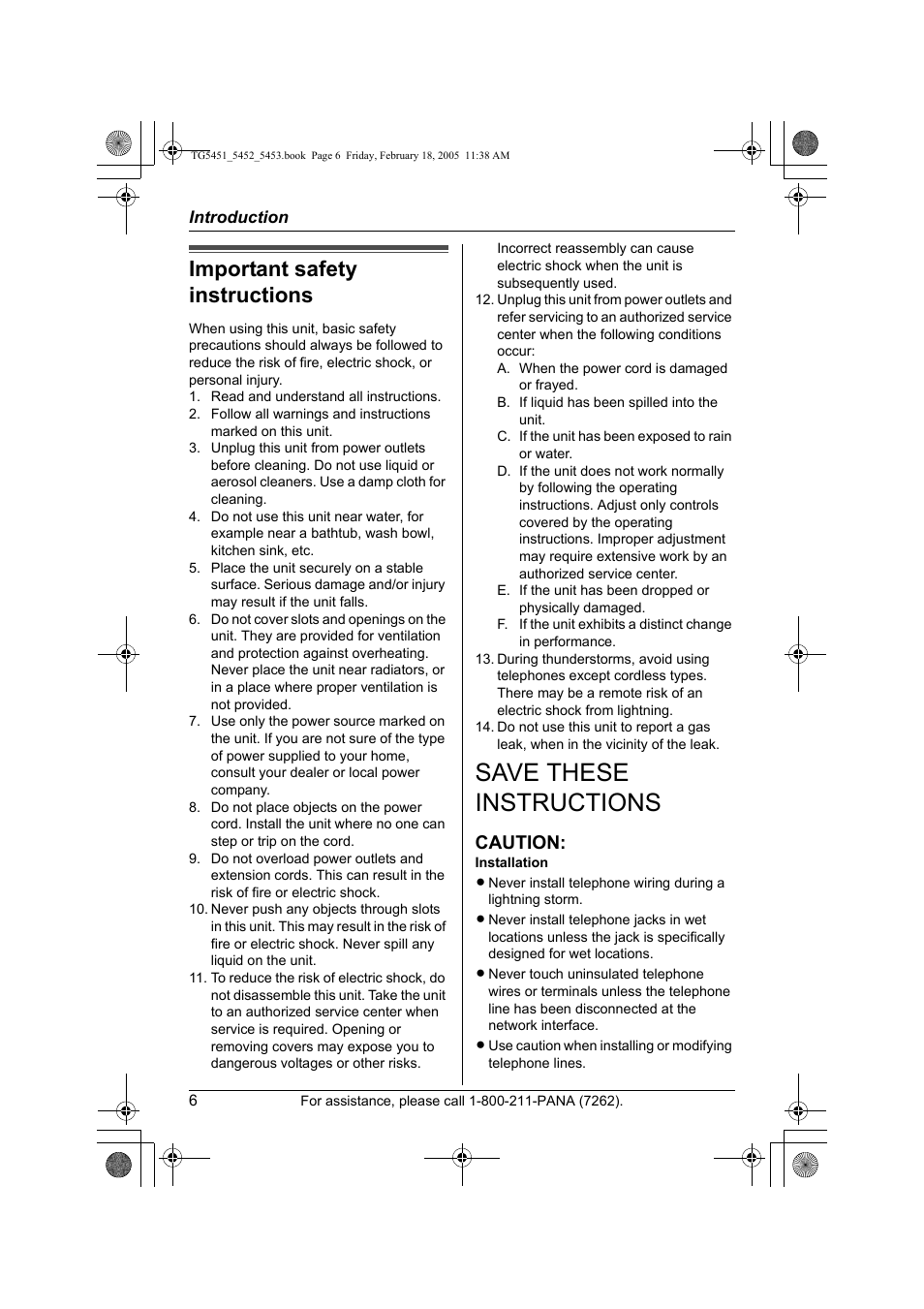 Important safety instructions, Save these instructions, Caution | Panasonic KX-TG5452 User Manual | Page 6 / 76